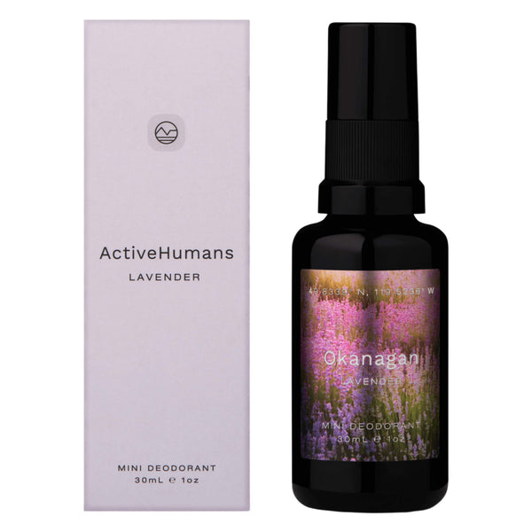 Box and Bottle of ActiveHumans NaturalDeodorant Lavender 30ml