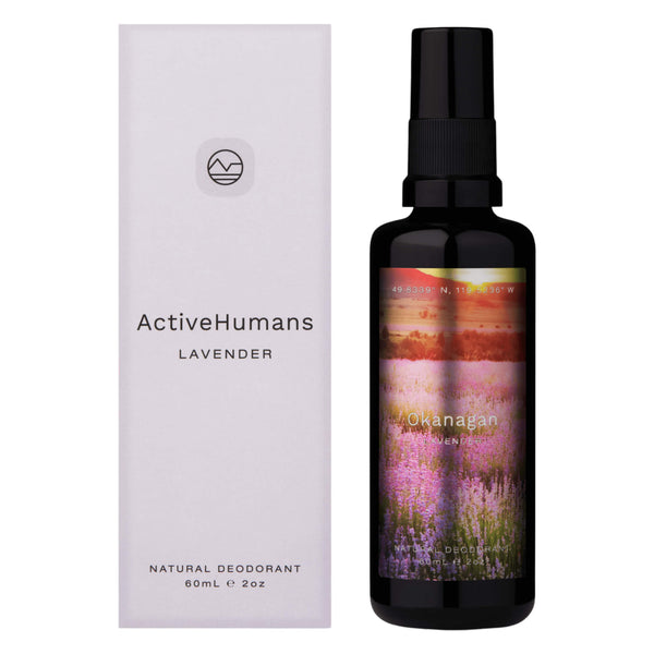 Box and Bottle of ActiveHumans NaturalDeodorant Lavender 60ml