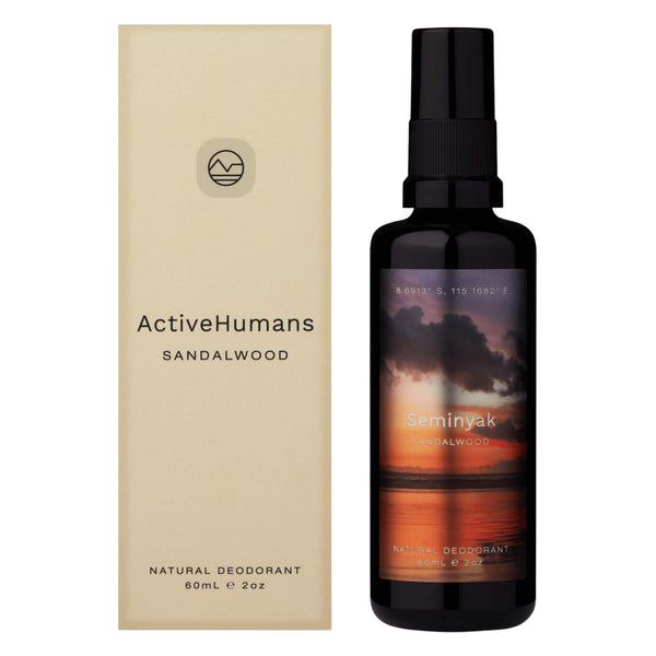 Box and Bottle of ActiveHumans NaturalDeodorant Sandalwood 60ml