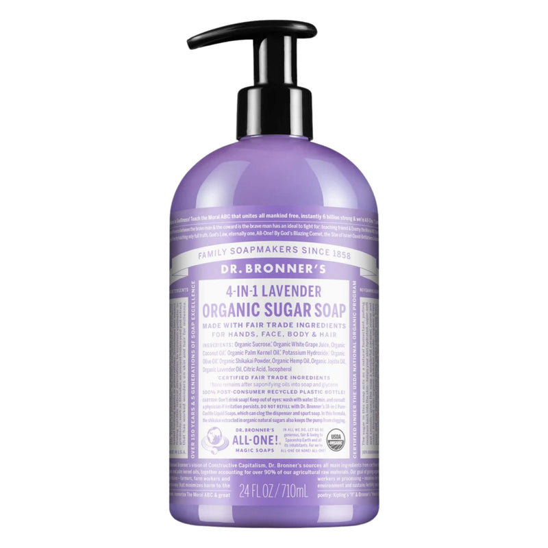 Pump Bottle of Dr. Bronner's Organic Sugar Soap Lavender 710ml