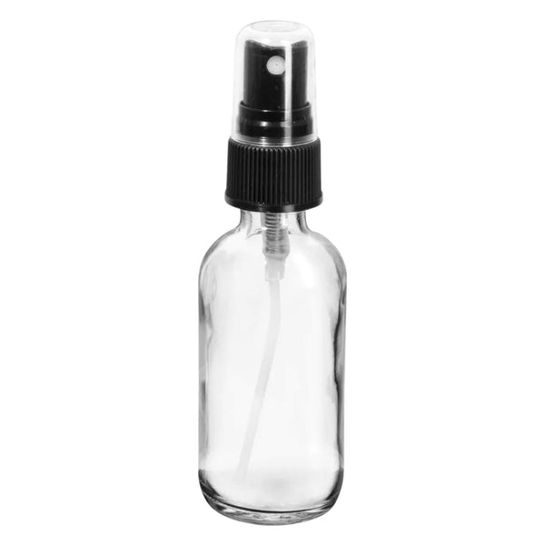 Earth'sAromatique ClearRound GlassBottle with BlackRibbed FineMistSprayer 2oz
