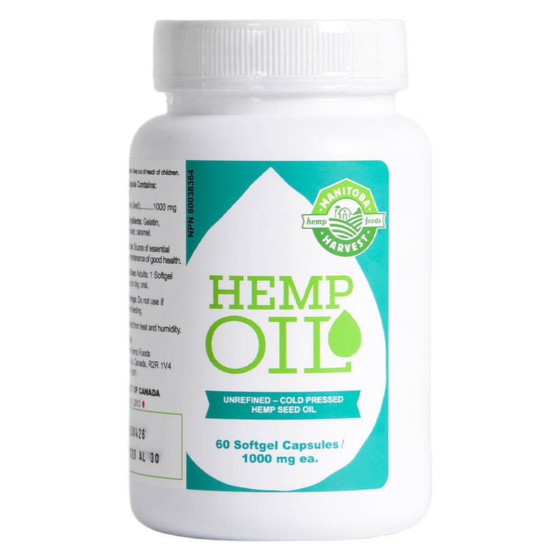 Bottle of ManitobaHarvest HempOil 1000mg 60SoftgelCapsules