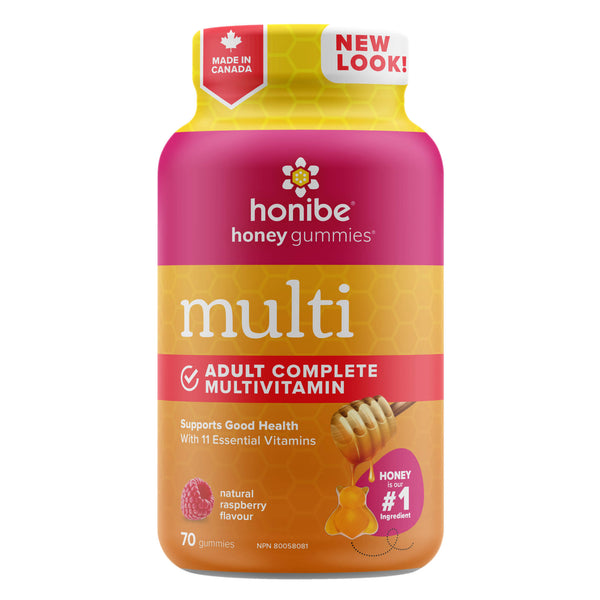 Bottle of Honibe CompleteAdultMultivitamin NaturalRaspberryFlavour 70pc