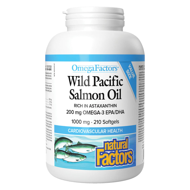 Bottle of NatralFactors OmegaFactors WildPacificSalmonOil 1000mg 210Sofgels