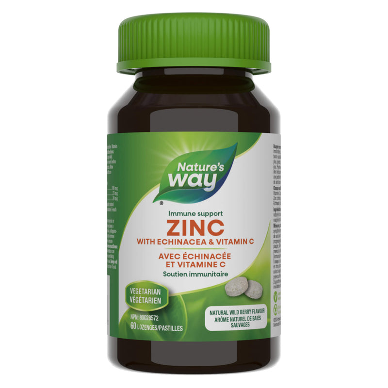 Bottle of Nature'sWay Zinc w/ Echinacea&VitaminC WildberryFlavour 60Lozenges