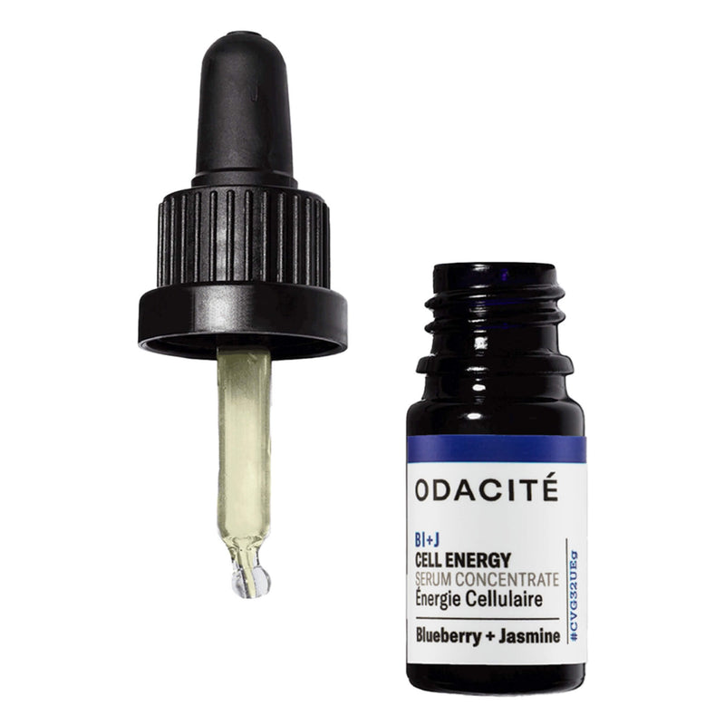 Dropper and Bottle of Odacite Bl+J CellEnergy Blueberry+Jasmine FacialSerumConcentrate 5ml 
