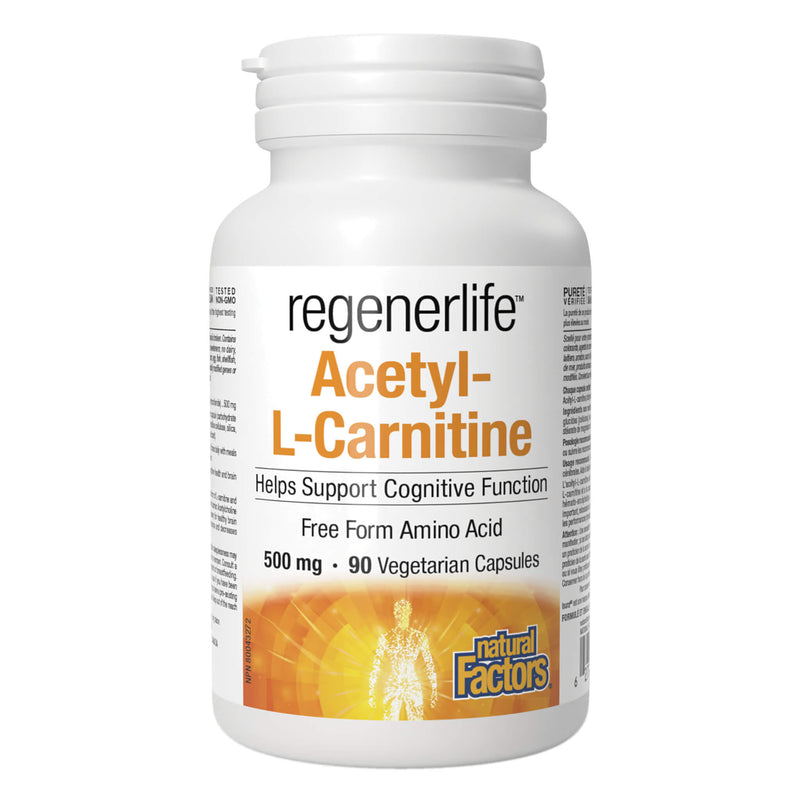 Bottle of NaturalFactors Regenerlife Acetyl-L-Carnitine 500mg 90VegetarianCapsules