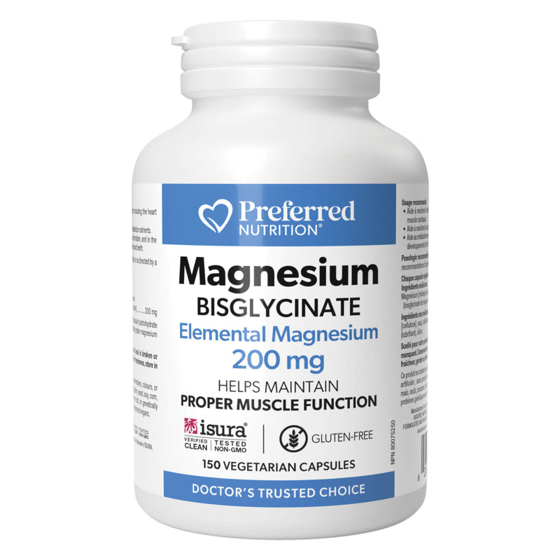 Bottle of PreferredNutrition MagnesiumBisglycinate 200mg 150VegetarianCapsules