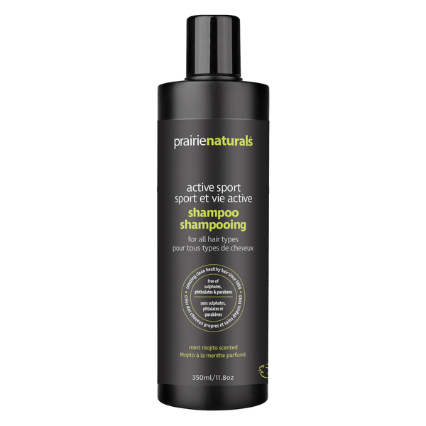 Bottle of PrairieNaturals Men'sActiveSport DailyShampoo 350ml