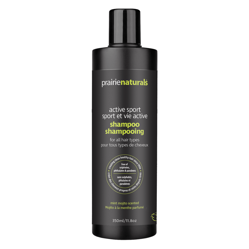 Bottle of PrairieNaturals Men'sActiveSport DailyShampoo 350ml