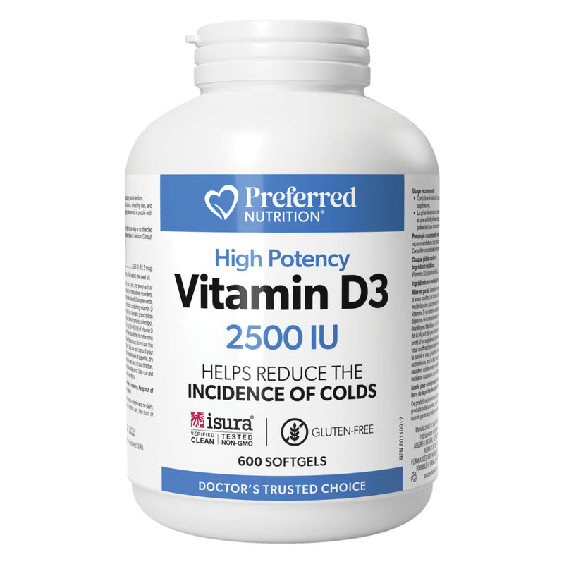 Bottle of PreferredNutrition VitaminD3 2500IU 600Softgels