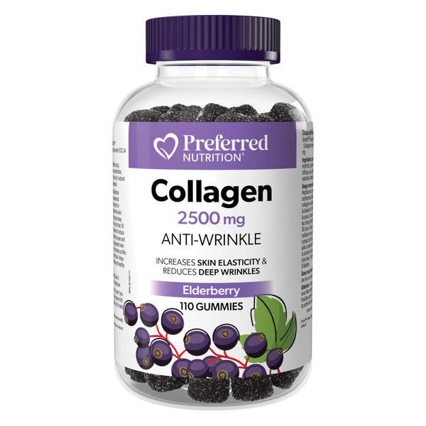 Bottle of PreferredNutrition Collagen Anti-WrinkleBioactiveCollagen Elderberry 110Gummies