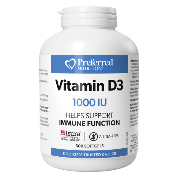 Bottle of PreferredNutrition VitaminD3 1000IU 600Softgels