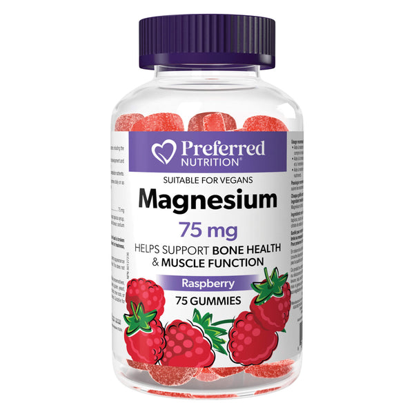 Bottle of PreferredNutrition Magnesium 75mg RaspberryFlavour 75Gummies