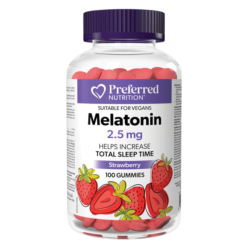 Bottle of PreferredNutrition Melatonin 2.5mg Strawberry 100Gummies