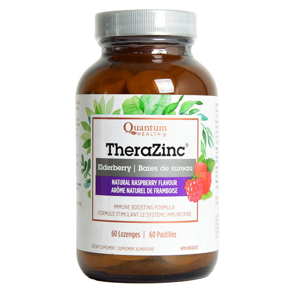 Bottle of Quantum TheraZinc Elderberry Lozenges - Raspberry 60 Lozenges
