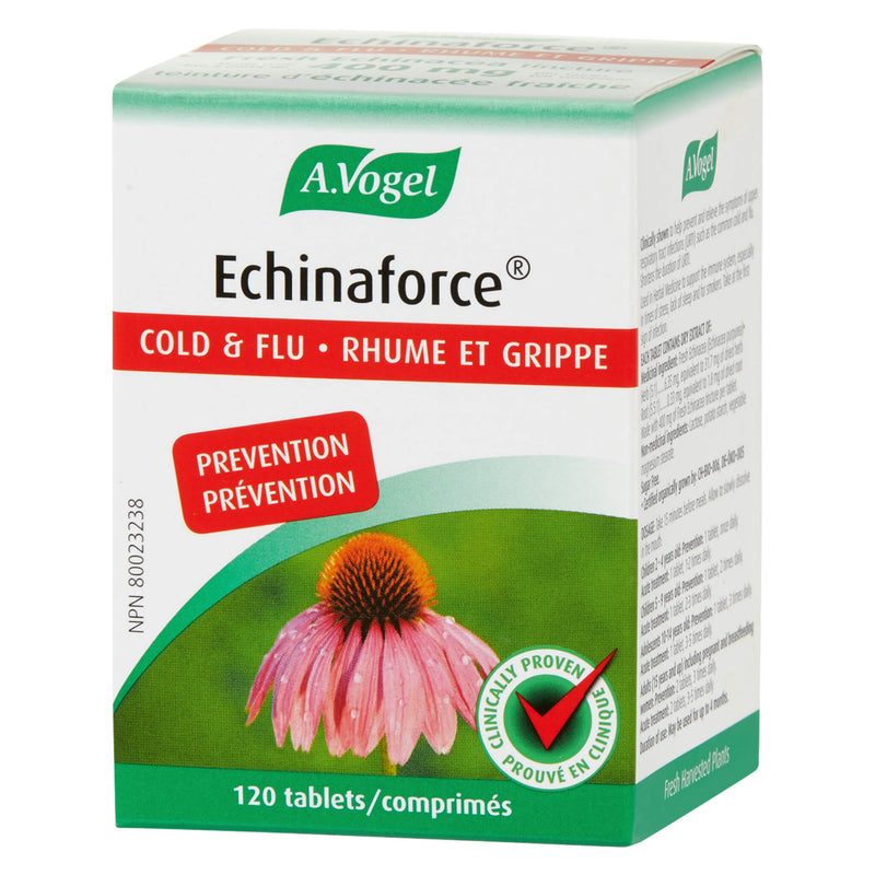 Box of A. Vogel Echinaforce Cold & Flu Prevention 120 Tablets | Optimum Health Vitamins, Canada